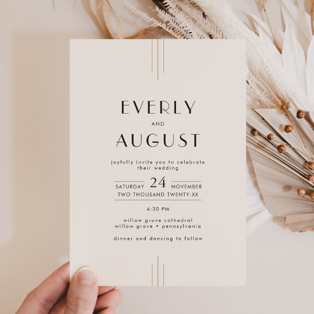 Convites EVERLY Retro Art Deco Marfim Dourado Preto Casamen (EVERLY Retro Art Deco Ivory Gold Black Wedding Invitation)