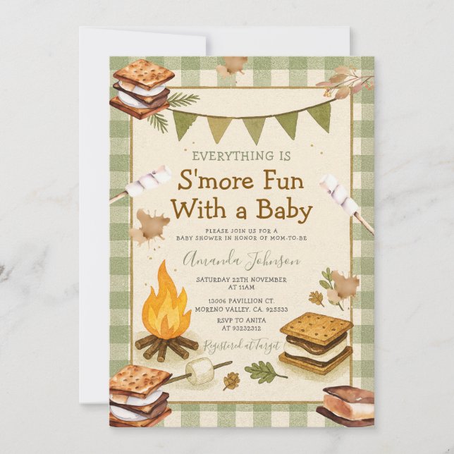 Convites Everything S'more Fun Green Baby Shower Gingham (Frente)
