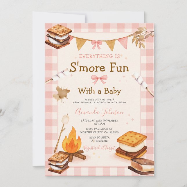 Convites Everything S'more Fun Pink Baby Shower Gingham (Frente)