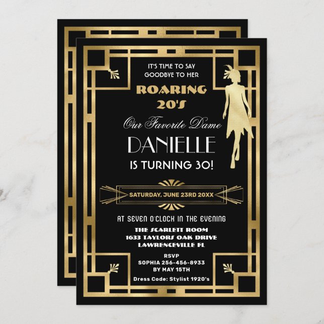 Convites Excelente Art Deco Gatsby Roaring 20s aniversário  (Frente/Verso)