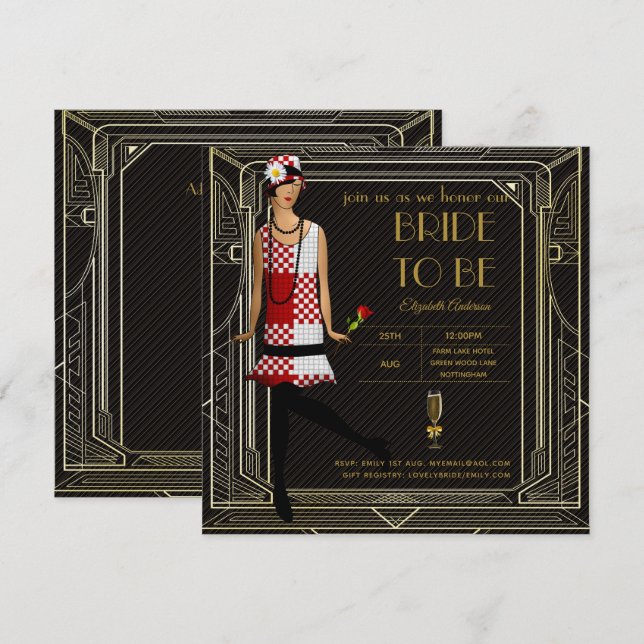 Convites Excelente Art Deco Gatsby Roaring 20s Chá de panel (Frente/Verso)