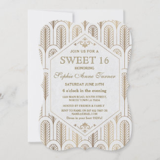 Convites Excelente Art Deco Gatsby White Dourado SWEET 16