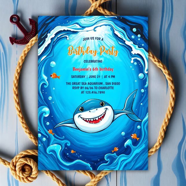 Convites Excelente de Crianças do Oceano Azul Festa de aniv (Blue Ocean Kids Great White Shark Birthday Party Invitation)