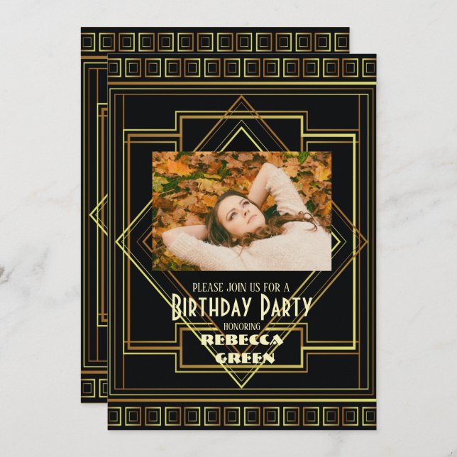 Convites Excelente de safra preto e Dourado Gatsby festa de (Frente/Verso)