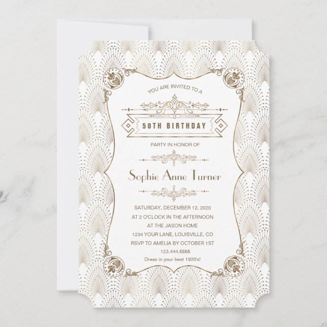 Convites Excelente Dourado Fleur-de-lis Gatsby 20s 50º Aniv (Frente)