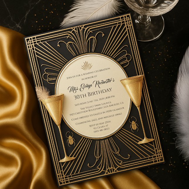 Convites Excelente Dourado Negro Gatsby Milestone Aniversár (Black Gold Great Gatsby Milestone Birthday Invitation
)