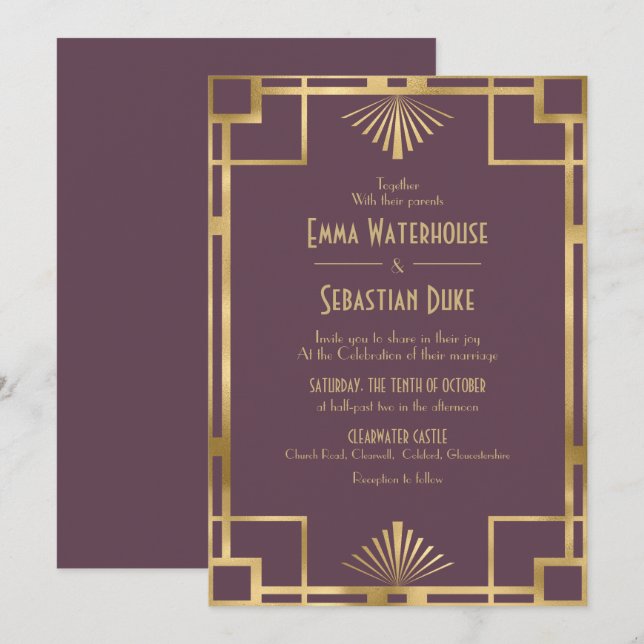 Convites Excelente elegante Gatsby Art Deco Casamento Invit (Frente/Verso)