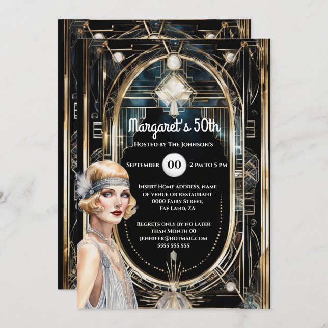 Convites excelente Gatsby Black Gold flapper de 1920 (Frente/Verso)