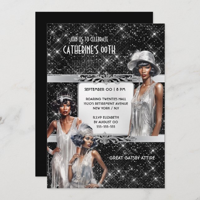 Convites Excelente Gatsby glam Meninas Flaper preto-pratead (Frente/Verso)