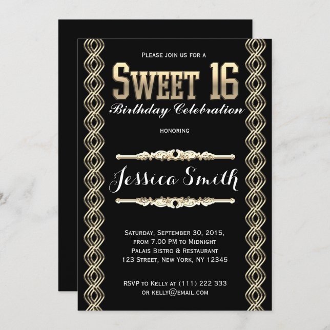 Convites Excelente Glamorous Gratsby Sweet 16 Convida (Frente/Verso)