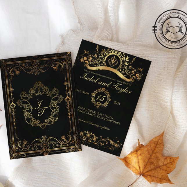 Convites exclusivos para casamentos góticos de vin (Vintage Victorian-Gothic style wedding invitation with back and front side on a fabric background)