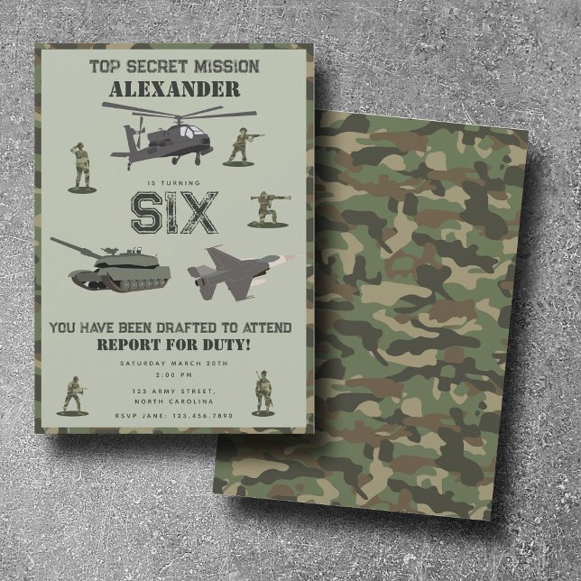 Convites Exército Militar Camuflagem Verde Camo Aniversário (Army Military Camouflage Green Camo Birthday Invitation)