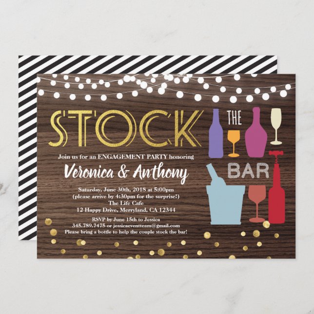 Convites Existências de madeira e ouro para noivados de con (Frente/Verso)