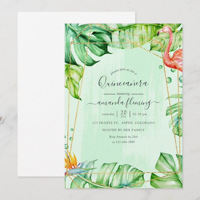 Convites Exótico Flamingo Tropical Geométrico Quinceañera (Frente/Verso)