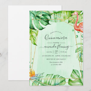 Convites Exótico Flamingo Tropical Geométrico Quinceañera