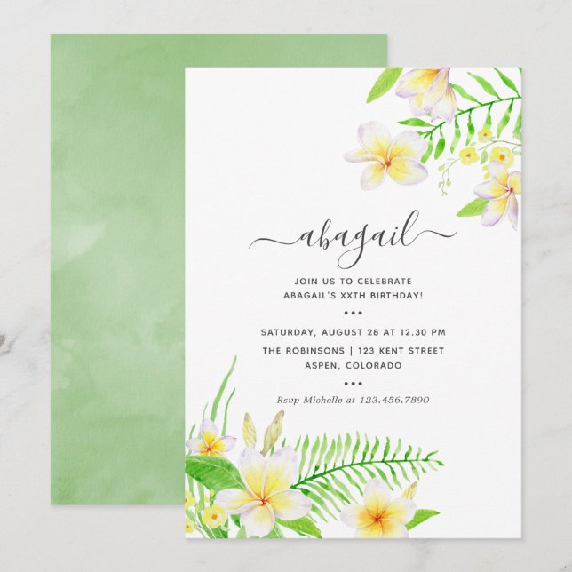 Convites Exótico Frangipani Floral Aquarela Aniversário (Frente/Verso)