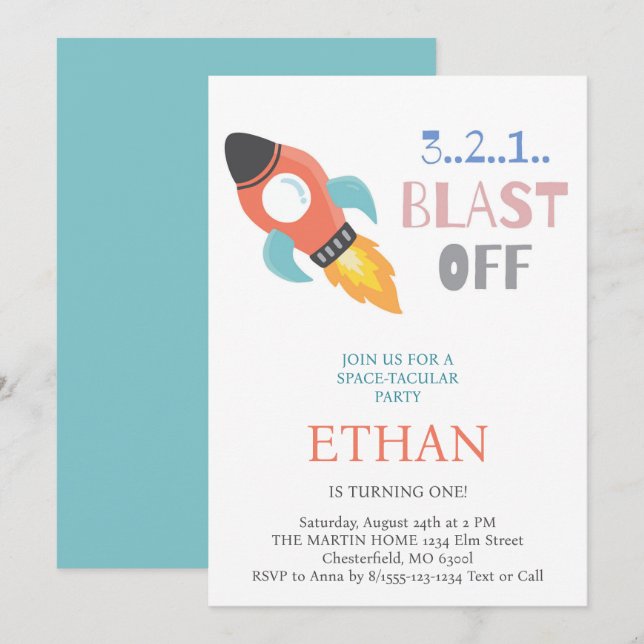 Convites Explosão! Aniversário do Foguete Exterior (Frente/Verso)