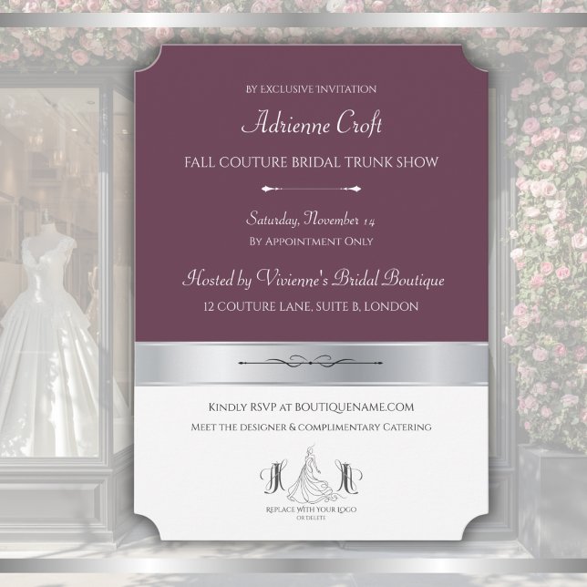 Convites Exposição de Coleção Couture Mulberry Bridal Bouti (Couture deep mulberry and silver trunk show invitation front template for luxury bridal shops.)