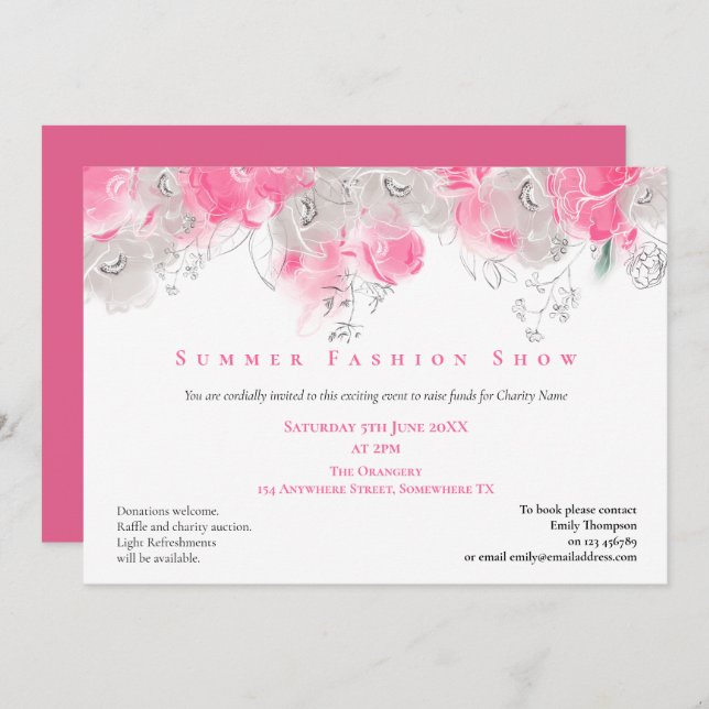Convites Exposição de Moda de Verão Florestas Cinzas Rosa (Frente/Verso)