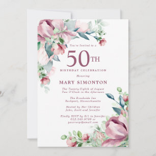 Convites Exquisita Rosa Floral de Aniversário de 50 anos