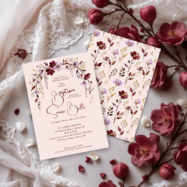 Convites Exquisite Blooming Burgundy Arch Baptism (Exquisite Floral Burgundy Arch Baptism Invitation Design with Floral Pattern Back.)