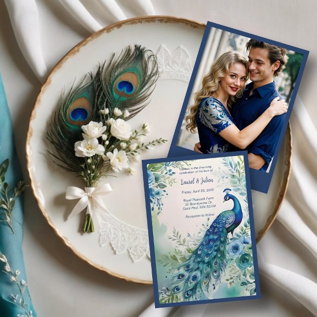 Convites Exquisite Blue & Green Peacock Watercolor Photo  (Exquisite Blue & Green Peacock Watercolor Effect On Floral Garden Photo Wedding Invitations Cards.)