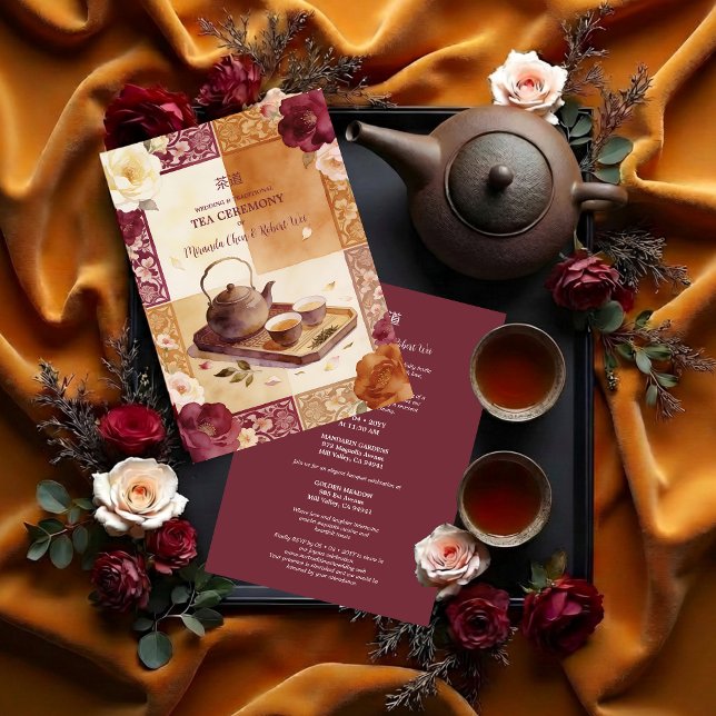Convites Exquisite Burgundy Oriental Tea Ceremony Wedding (Exquisite Burgundy Traditional Floral Chinese Tea Ceremony and Wedding Invitation Design.)