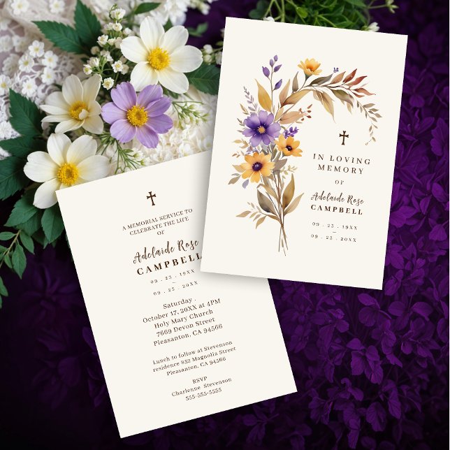 Convites Exquisite Cherish Purple & Yellow Floral Bouquet  (Exquisite Cherish Purple & Yellow Floral Bouquet Funeral Dear Ones Invitations Cards.)