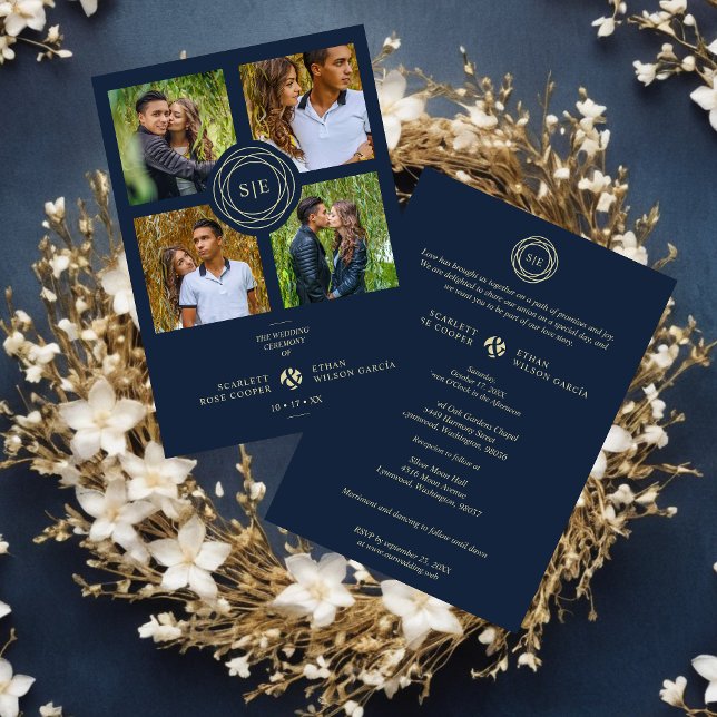 Convites Exquisite Chic Navy Blue & Gold Initials 4 Photos  (Navy Blue & Fake Gold Minimal Initials Simple Fancy 4 Multi Photos Collage Wedding Invitation.)
