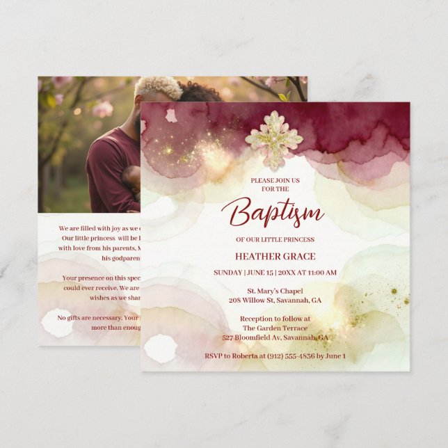 Convites Exquisite Cross Burgundy & Gold Glitter Baptism (Frente/Verso)