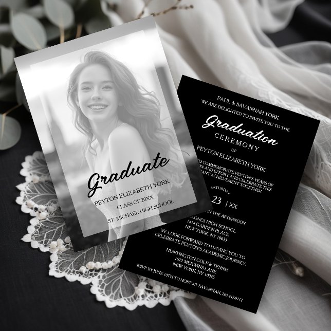 Convites Exquisite Delicate Minimalist Black & White Photo (Exquisite Delicate Minimal Black & White Photo with Vellum Translucent Effect Graduation Invitation.)