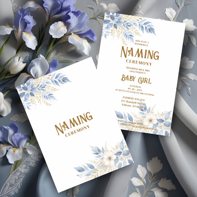 Convites Exquisite Floral Branches in Blue Naming Ceremony (Exquisite Floral Branches in Blue and Faux Gold Shades Background Naming Ceremony Invitation Card.)