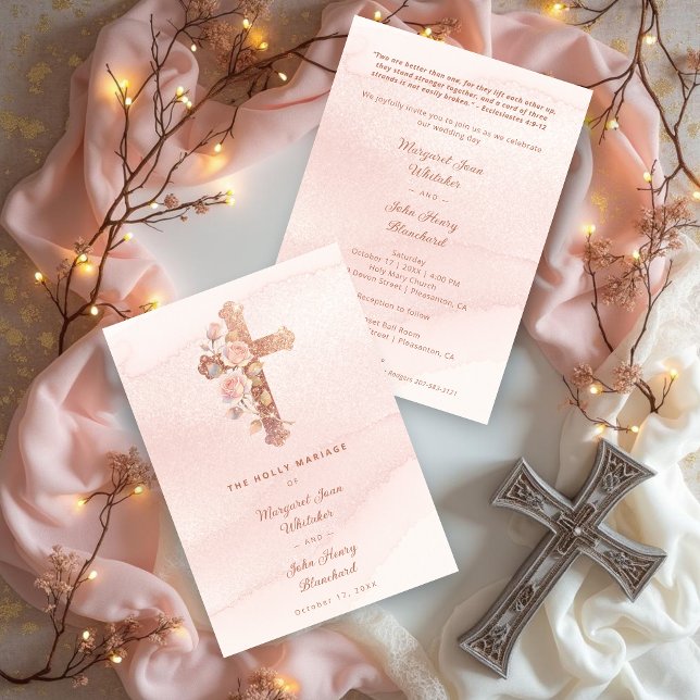 Convites Exquisite Glitter Pink Floral Christian Cross (Exquisite Glitter Pastel Pink Floral Christian Cross Wedding Invitation Cards.)