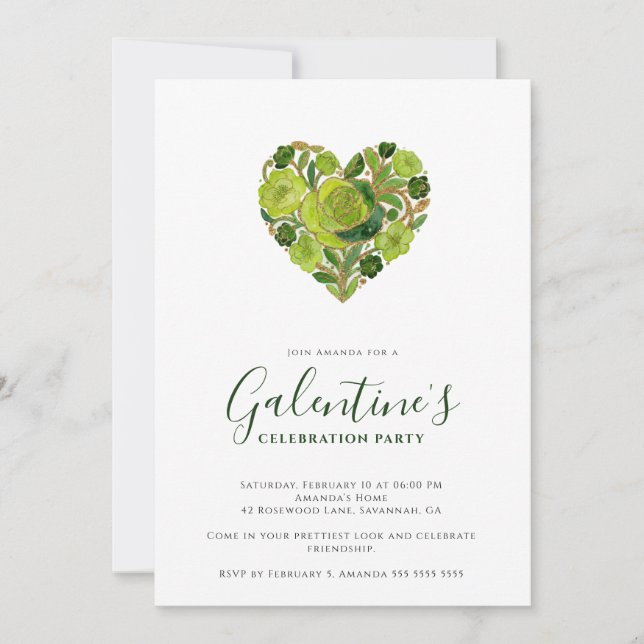 Convites Exquisite Green Floral Heart Galentine's Day (Frente)