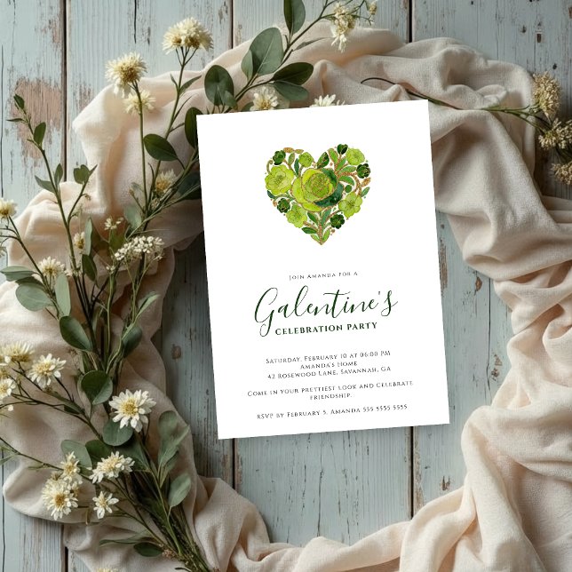 Convites Exquisite Green Floral Heart Galentine's Day (Exquisite Floral Heart Galentine's Day Party Invitation Cards for Your Best Friends in Green Shades.)