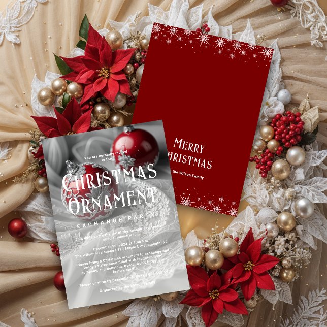 Convites Exquisite Grey Shades & Red Christmas Ornament  (Exquisite Grey Shades & Red Christmas Ornament Exchange Party Invitations Cards.)