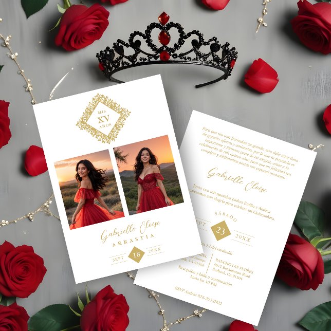 Convites Exquisite Modern Floral Diamond Shape Mis XV Años (Exquisite Modern Floral Diamond Shape Mis XV Años Anagram 2 Photos Collage Invitation.)