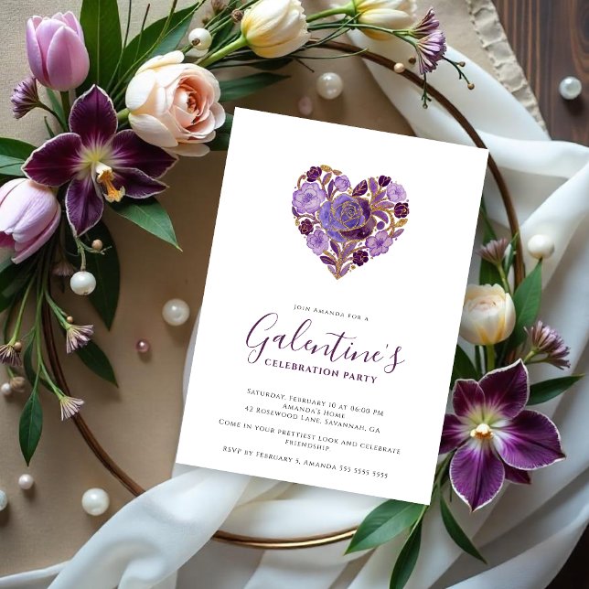 Convites Exquisite Purple Floral Heart Galentine's Day (Exquisite Floral Heart Galentine's Day Party Invitation Cards for Your Best Friends in Purple Shades)
