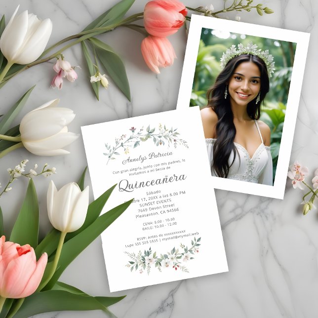 Convites Exquisite Romantic Minimal Spring Floral Branches (Exquisite Romantic Minimalist Spring Floral Bouquet Quinceañera Spanish Invitations Cards with Photo)