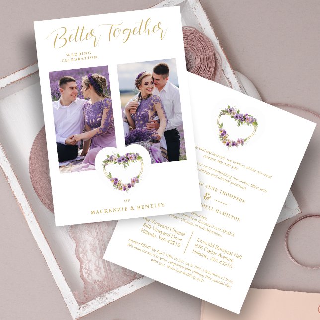 Convites Exquisite Romantic Purple Shades Floral Heart (Exquisite Romantic Purple Shades Floral Heart & Faux Gold 2 Photos Wedding Invitation with Envelope.)