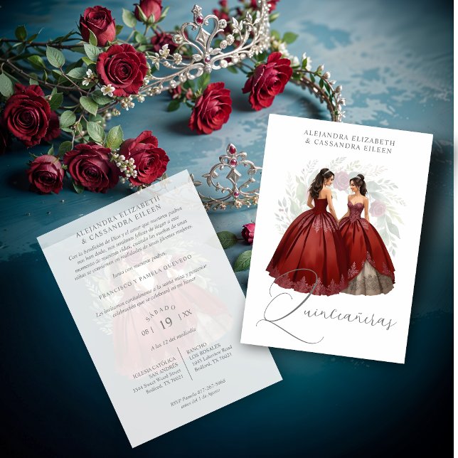 Convites Exquisite Romantic Spanish Quinceañera Dolls Twins (Exquisite Romantic Spanish Quinceañera Dolls Twins Burgundy Invitations Cards.)