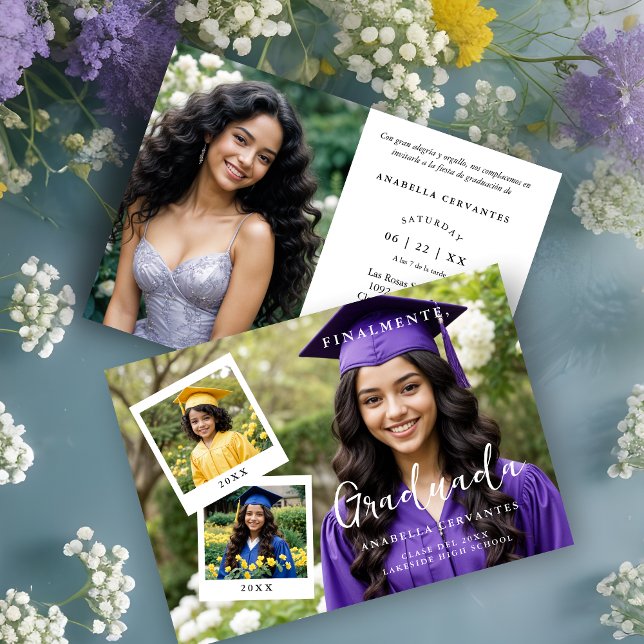 Convites Exquisite Spanish Script Collage 4 Photos Timeline (Exquisite Spanish Script Collage 4 Photos Timeline Graduation Party Invitation Card with Funny Quote)