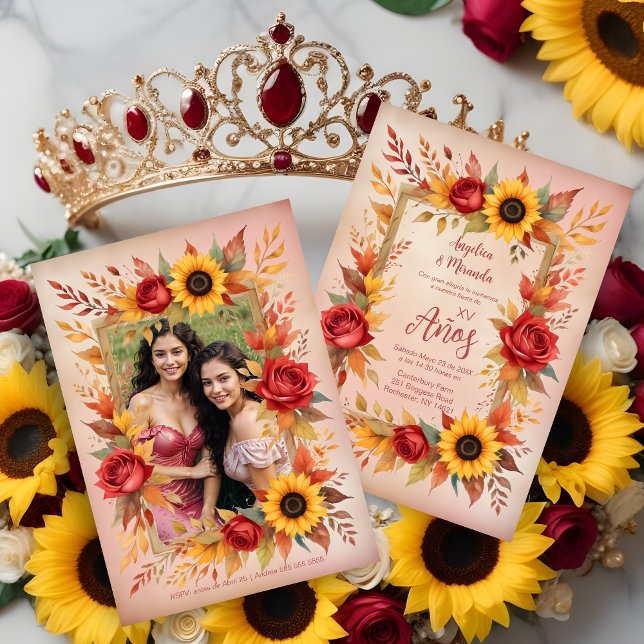 Convites Exquisite Twins Botanical Frame Spanish Photo XVs (Exquisite Twins Sisters Botanical Frame Spanish Photo Mis XV Invitations Cards. )