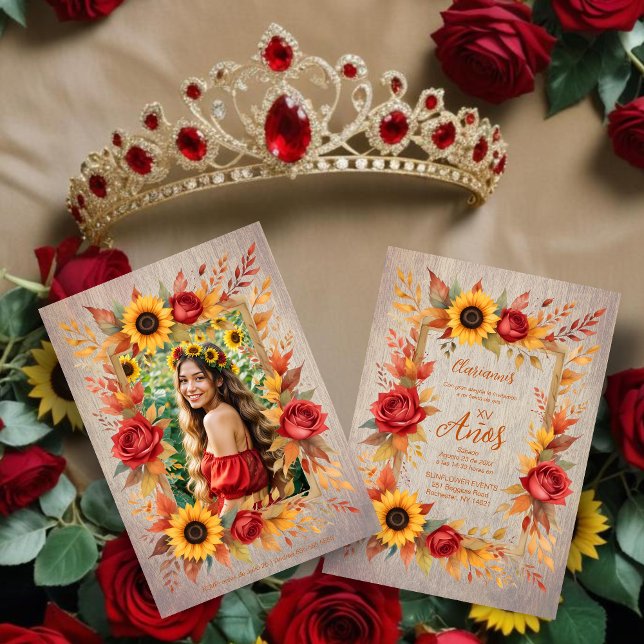 Convites Exquisite Wood Botanical Frame Spanish Photo XVs (Exquisite Summer Rustic Wood Botanical Frame Spanish Photo Quineañera Invitations Cards.)