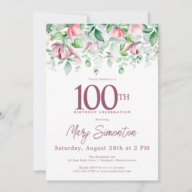 Convites Exquisito Aniversário de 100 anos em tons de Mauve (Frente)