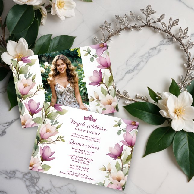 Convites Exuberant Lovely Spring Magnolia Frame Garlands  (Exuberant Lovely Spring Magnolia Frame Garlands Spanish Photo Mis XV Invitations Cards in Pink.)
