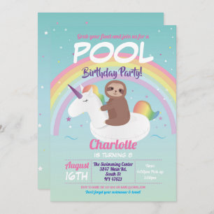 Convites Fábrica de Aniversário do Piscina Sloth Rainbow