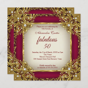 Convites Fabulosa 50ª Foto Burgundy, Dourado Partido Beige 