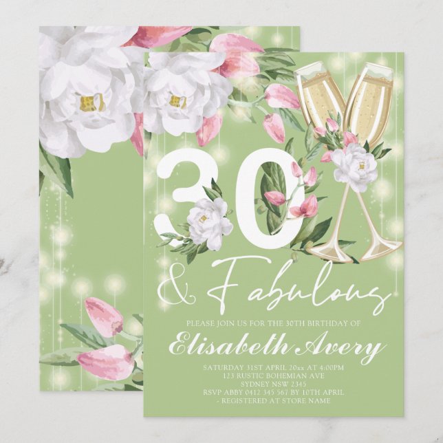 Convites Fabulosa aniversário de 30 anos Floral de luxo (Frente/Verso)