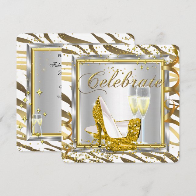 Convites Fabulosa Faixa de Zebra Champanhe Dourado Prata Fe (Frente/Verso)